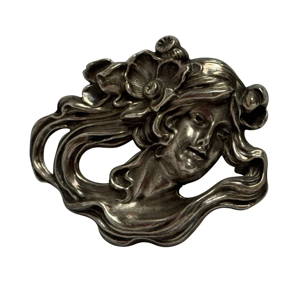 William Kerr Art Nouveau Sterling Silver lady hair flowing Pin Vtg 1297 signed‎
